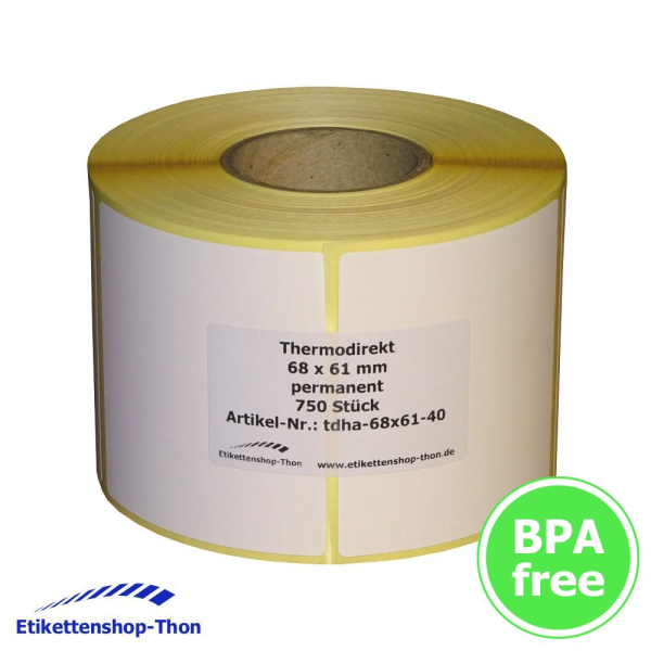 Thermodirekt - Haftetiketten auf Rolle - 68 x 61 mm - 750 Stück - Hülse 40 mm - permanent haftend - weiß - außen